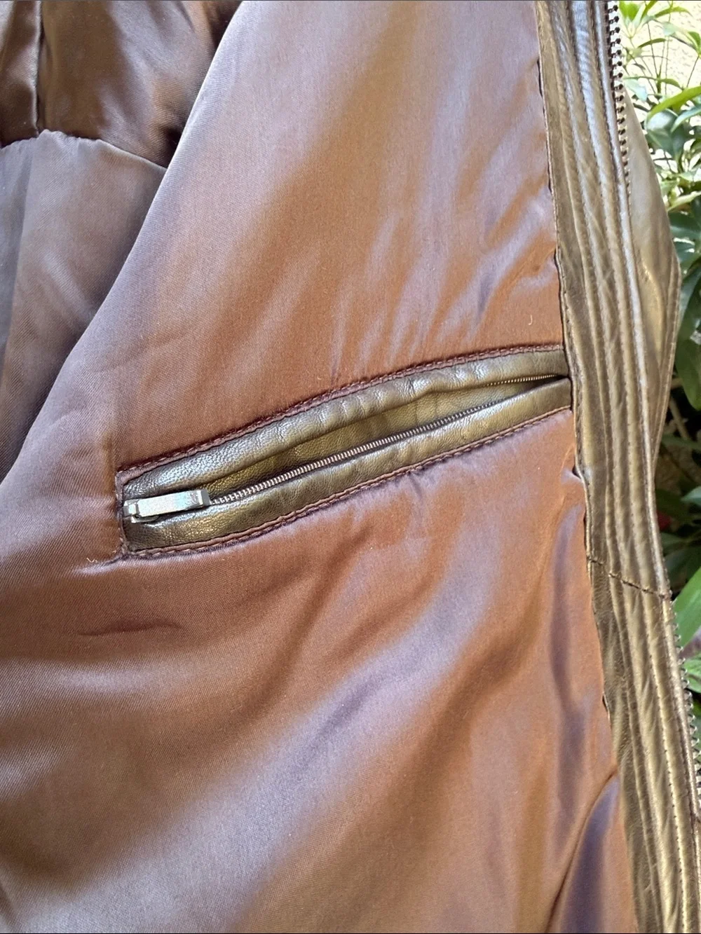 Vintage 90’s Andrew Marc Men's Dark Brown Leather Bomber Jacket with the Hood